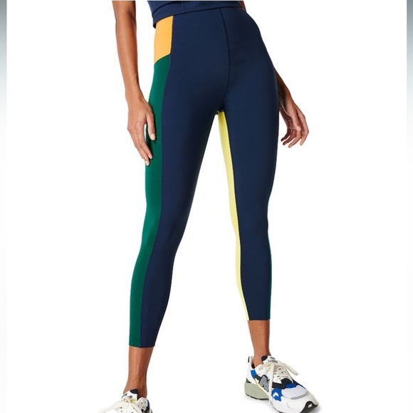 Sweaty Betty Power Block High Waist 7/8 Leggings Navy Blue Neon Yellow size 14 - Picture 11 of 12